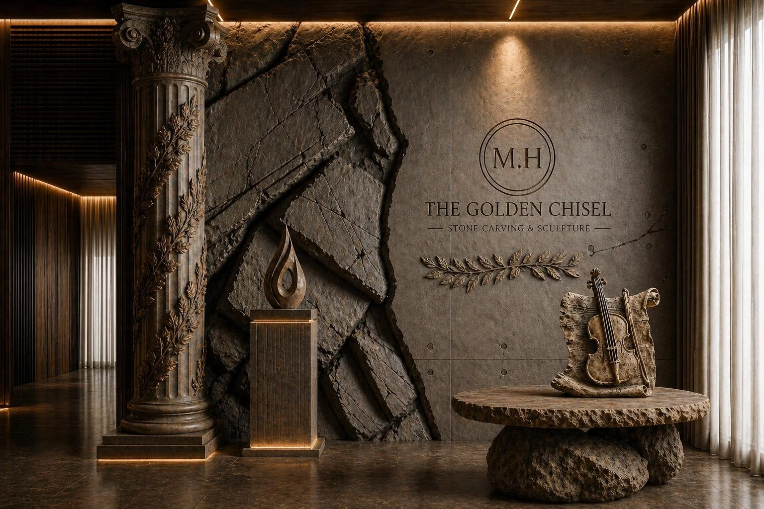 تصميم داخلي فاخر من الحجر الطبيعي مع نحت يدوي وزخارف رخامية أنيقة. Luxury natural stone interior with hand-carved marble details and elegant decor.