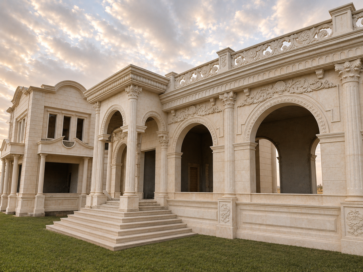 واجهة قصر فاخر من الحجر الطبيعي مع أقواس وأعمدة كورنثية وزخارف ونقوش حجرية منحوتة | Luxury natural stone palace facade with arches, Corinthian columns, and intricate carved stone ornamentation