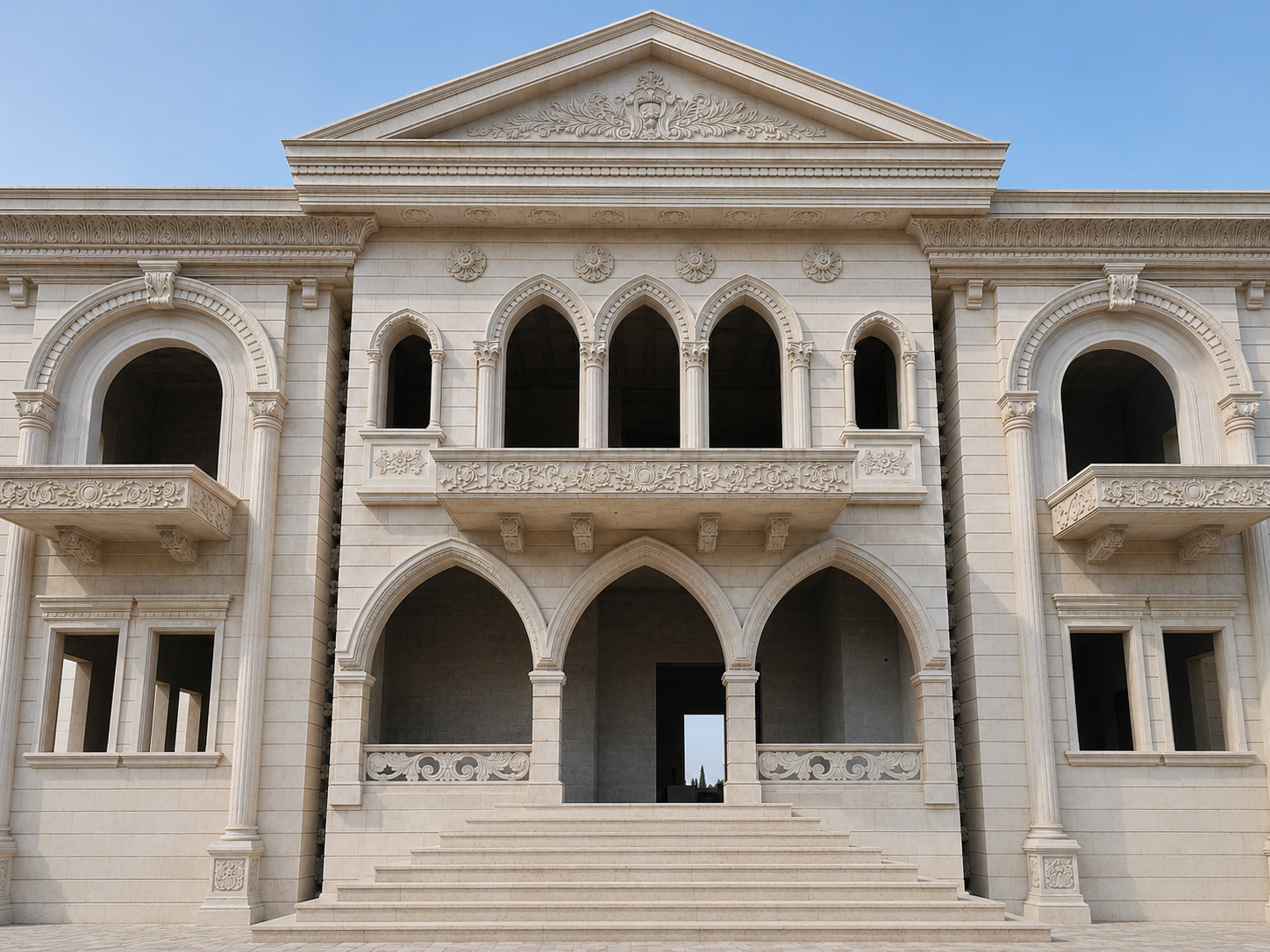 واجهة فيلا فاخرة من الحجر المنحوت بأقواس وزخارف معمارية | Luxury villa facade crafted in carved stone with ornate arches