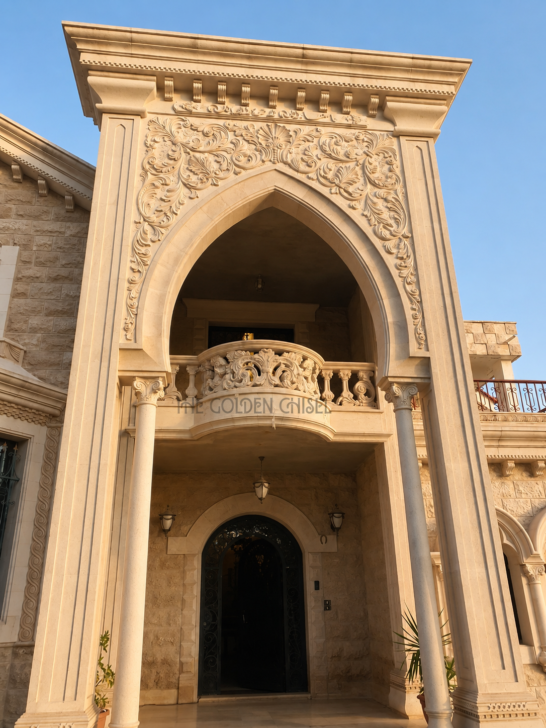 مدخل فيلا فاخرة من الحجر المنحوت بزخارف كلاسيكية وقوس مدبب – luxury carved stone villa entrance