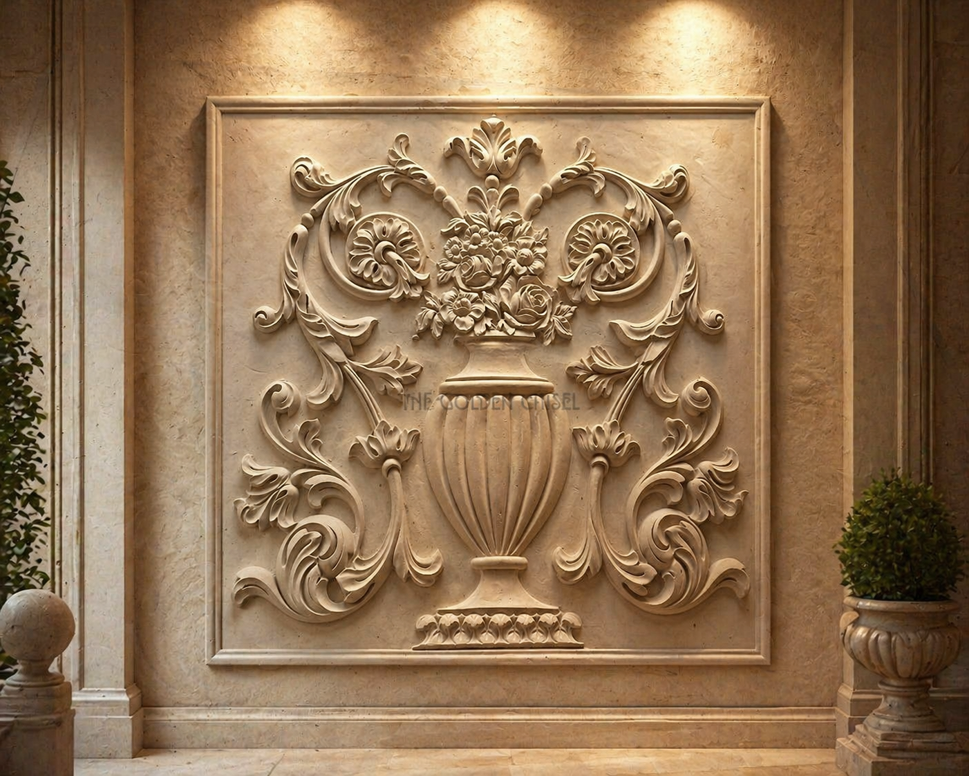 لوحة زخرفية فاخرة من الحجر الطبيعي بنقوش نباتية وزخارف كلاسيكية منحوتة. Luxury natural stone decorative panel with carved floral and classical ornamentation.