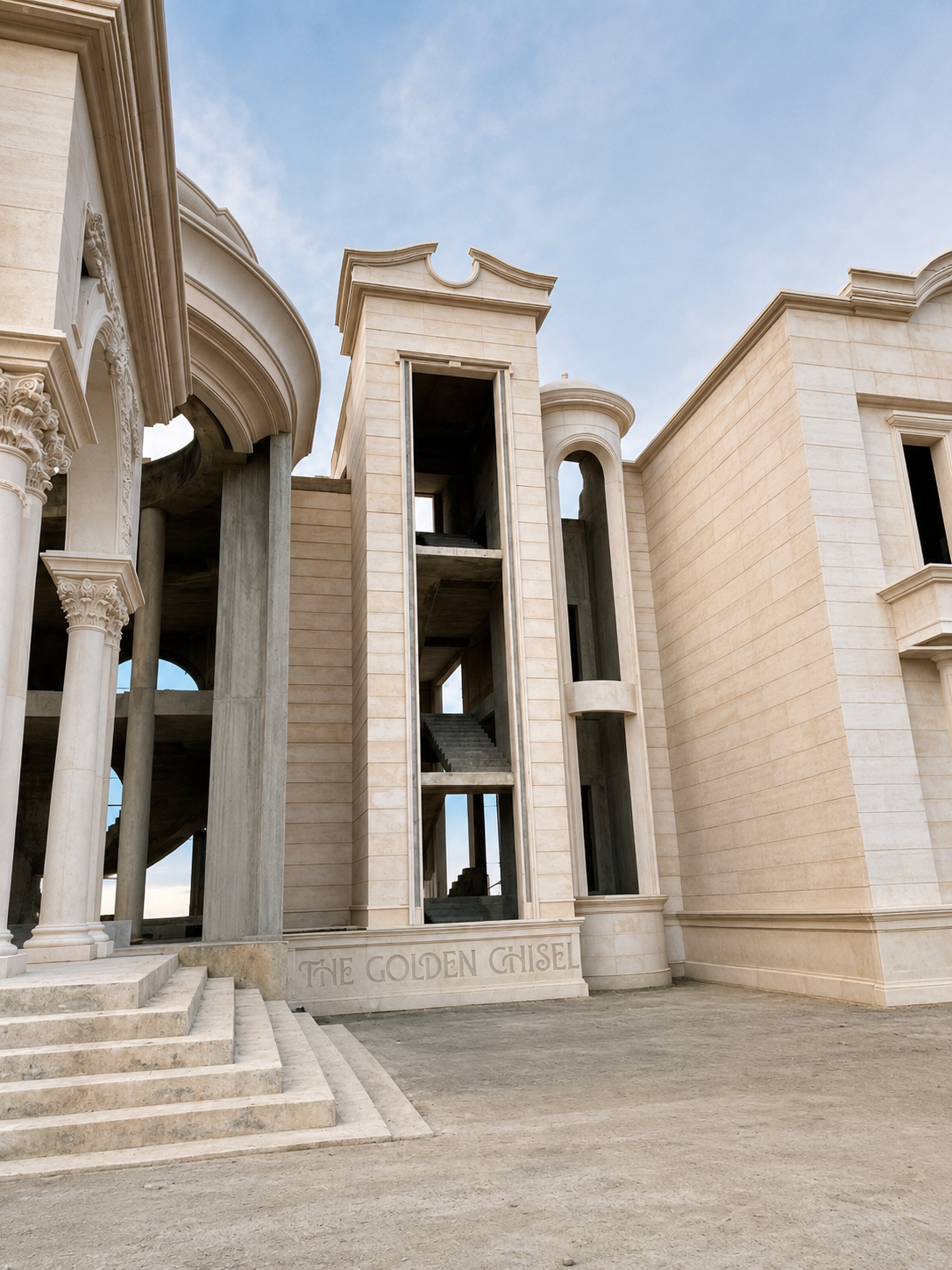 مدخل قصر فاخر من الحجر الطبيعي مع أعمدة وأقواس وزخارف حجرية منحوتة | Luxury natural stone palace entrance with columns, arches, and intricate carved stone details