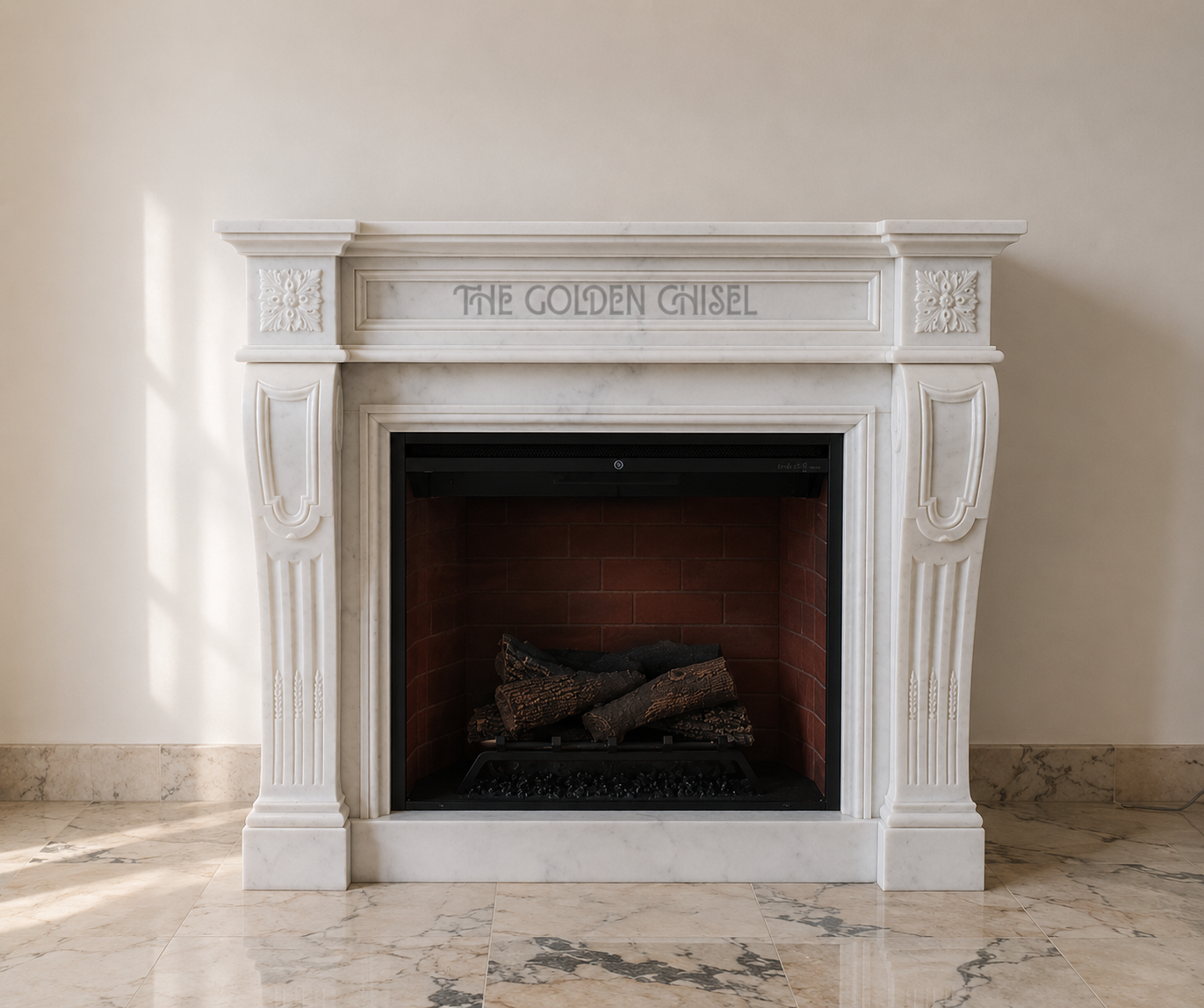 White marble fireplace with elegant floral and geometric carvings inspired by modern classical European interiors.