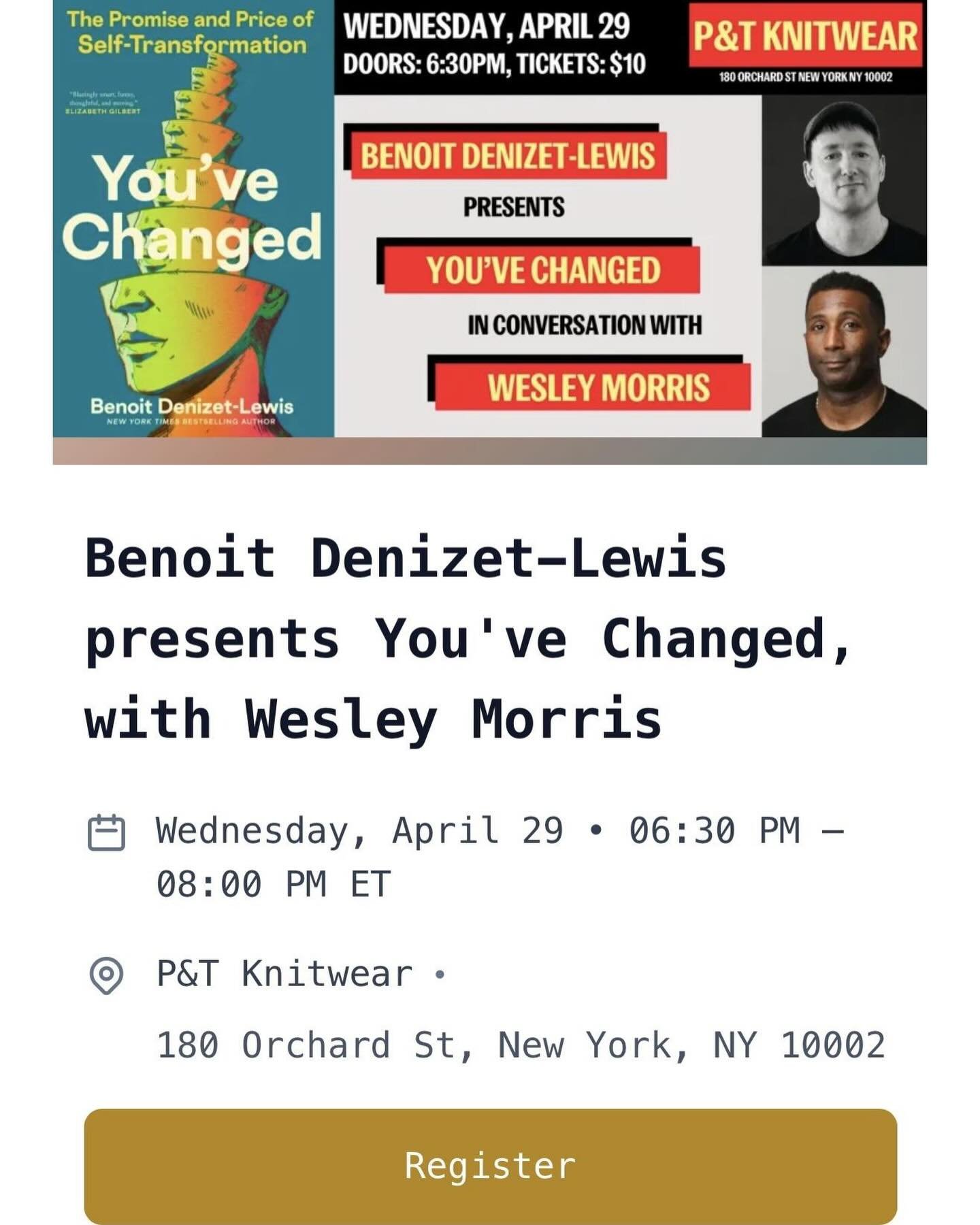 NYC friends, please come to the YOU&rsquo;VE CHANGED launch event later this month at @ptknitwear, where I&rsquo;ll be talking about how we change and why we don&rsquo;t all change immediately with the only two-time Pulitzer winner I know, the charmi