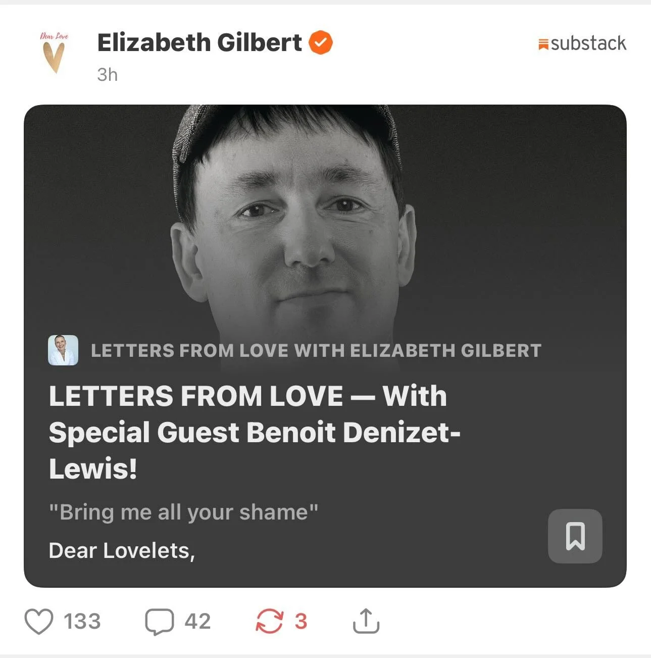 Heartfelt thanks to @elizabeth_gilbert_writer for inviting me to write &amp; read a Letter from Love! 🙏❤️ 

For her letter and mine, head on over to the Letters from Love substack.

@auderemedia @aevitas_creative @williammorrowbooks #youvechangedboo