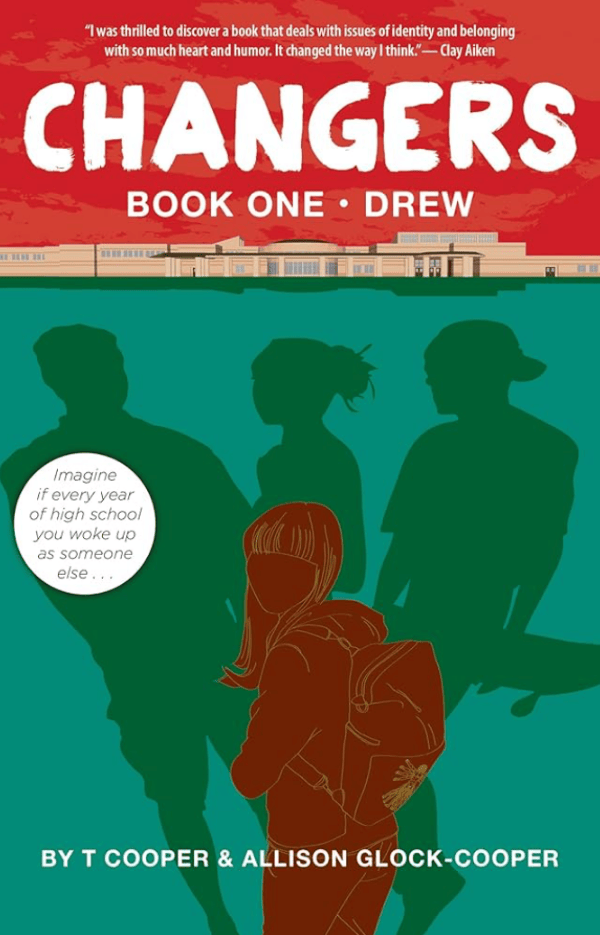 Book cover for "Changers: Book One" by T Cooper & Allison Glock-Cooper. The cover features a silhouette of a girl with a backpack in the foreground, surrounded by three other faded silhouettes. The background shows a school building under a reddish sky. There is a quote at the top and a speech bubble with a reflective thought from the girl.