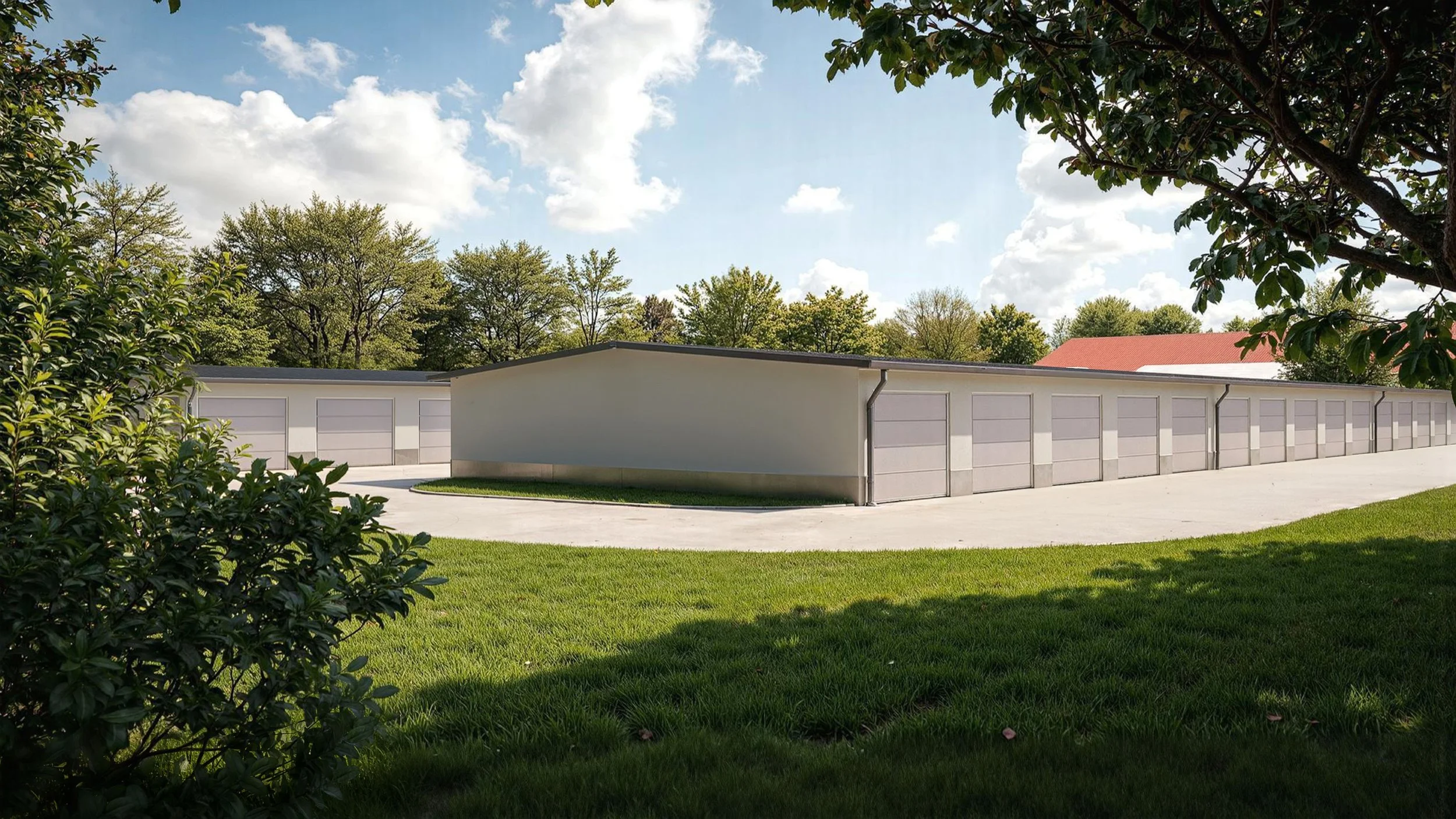 Garázskapuk sora, háttérben fák és felhők, előtérben gondozott füves sáv.