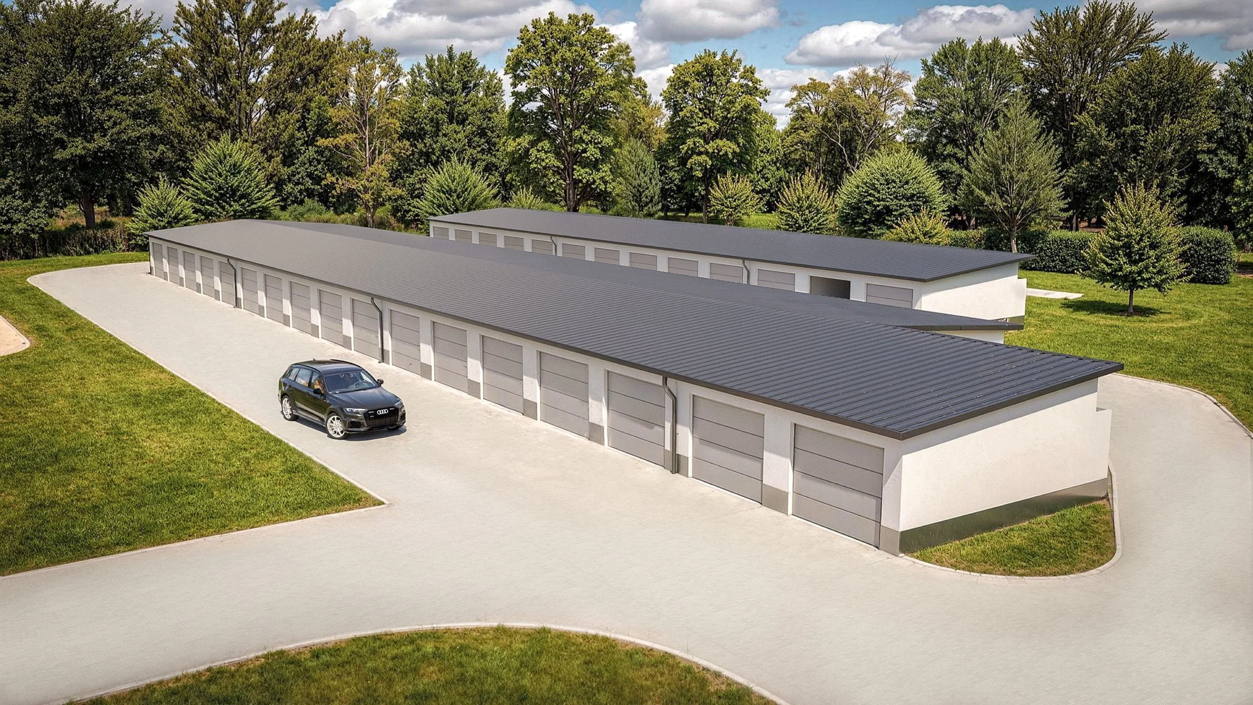 A cubiq park kft. Kazincbarcika garázssor beruházása. 56db újépítésű modern garázs épül a lakótelep közvetlen közelében.