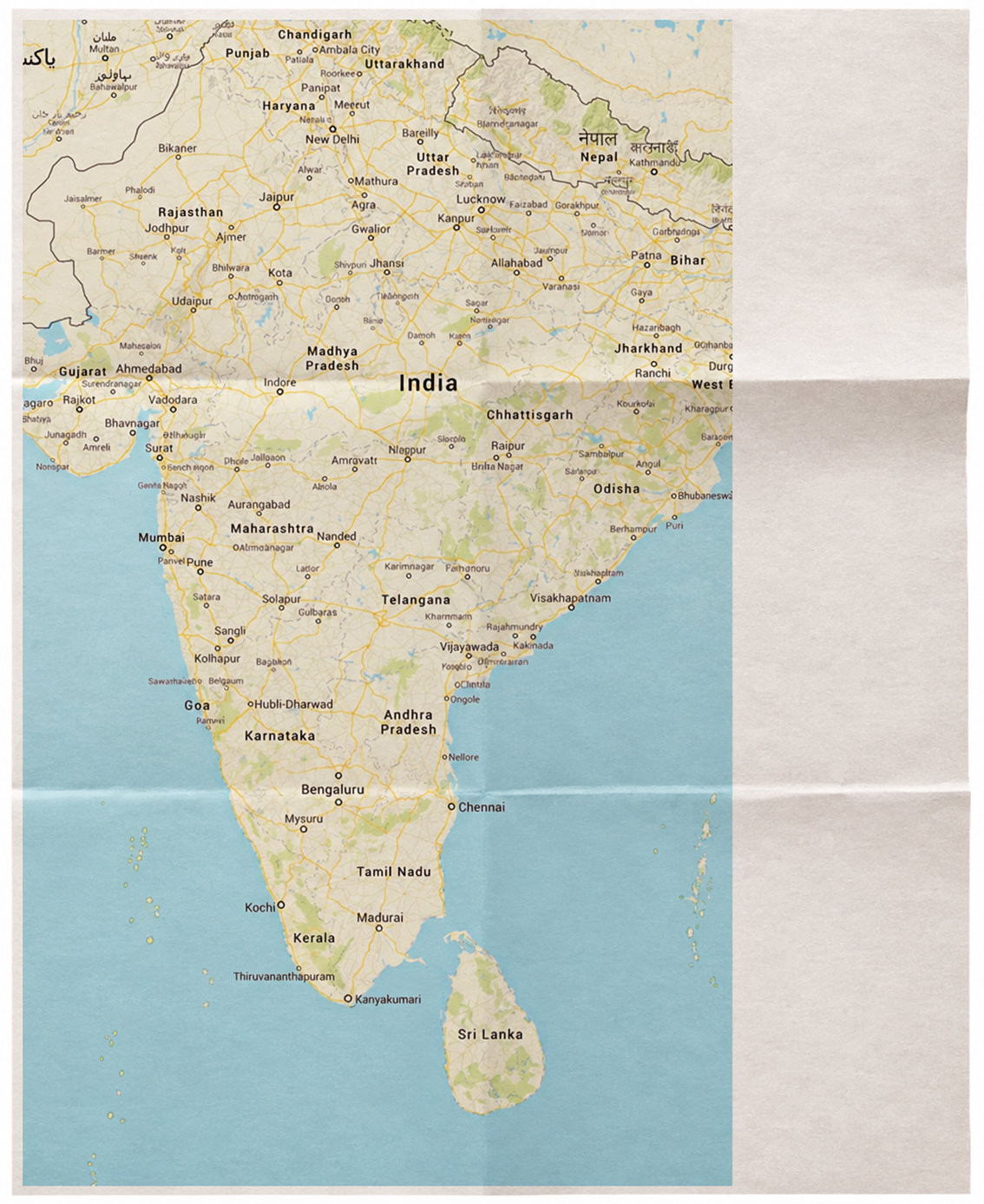 Papieren overzichtskaart van India, met routes door het noorden en zuiden en optionele bestemmingen rond Mumbai.