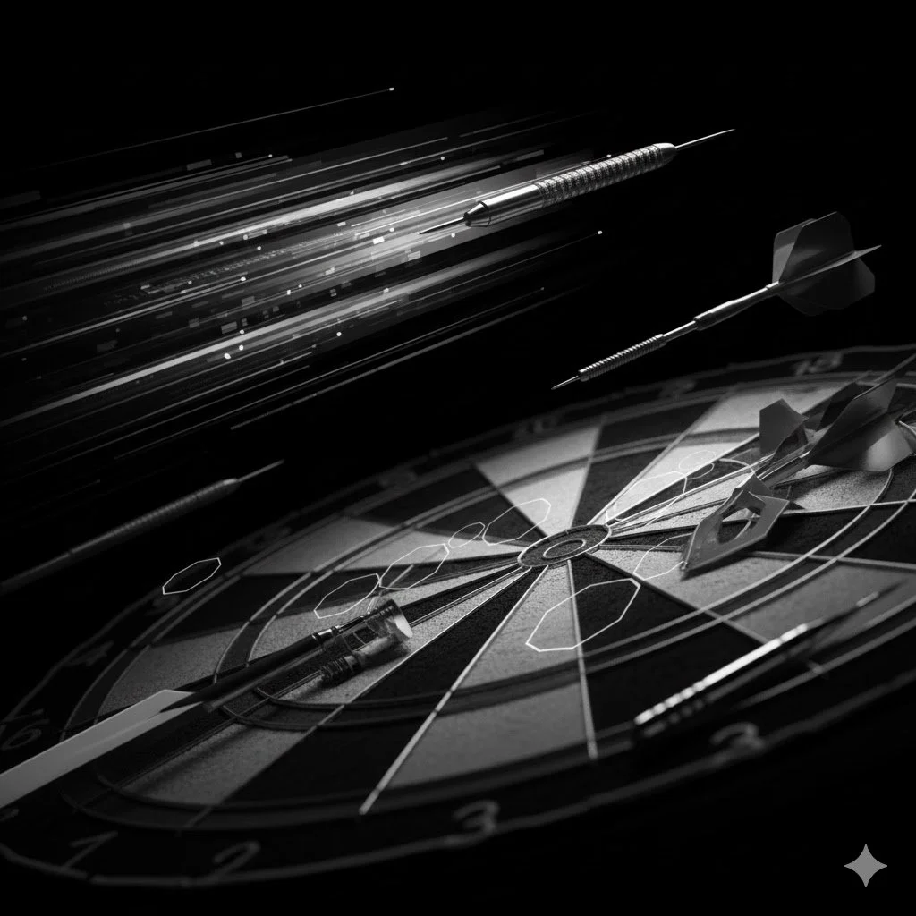 Dartboard with darts and a metallic dart from the right side, with darts and a dart in mid-air above it, in black and white.
