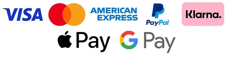 Collection of digital payment logos including Visa, Mastercard, American Express, PayPal, Klarna, Apple Pay, and Google Pay.
