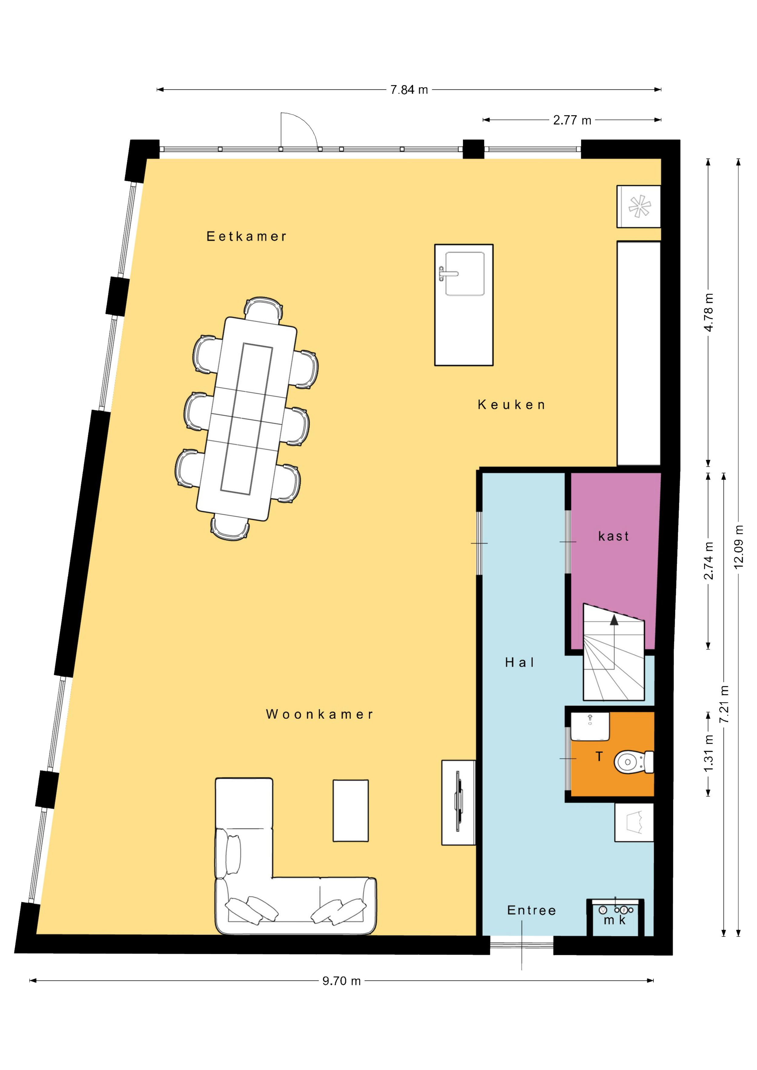 Plattegrond van een woning met ruimtes: eetkamer, keuken, woonkamer, hal, kast, toilet, entree, meterkast en technische ruimte.