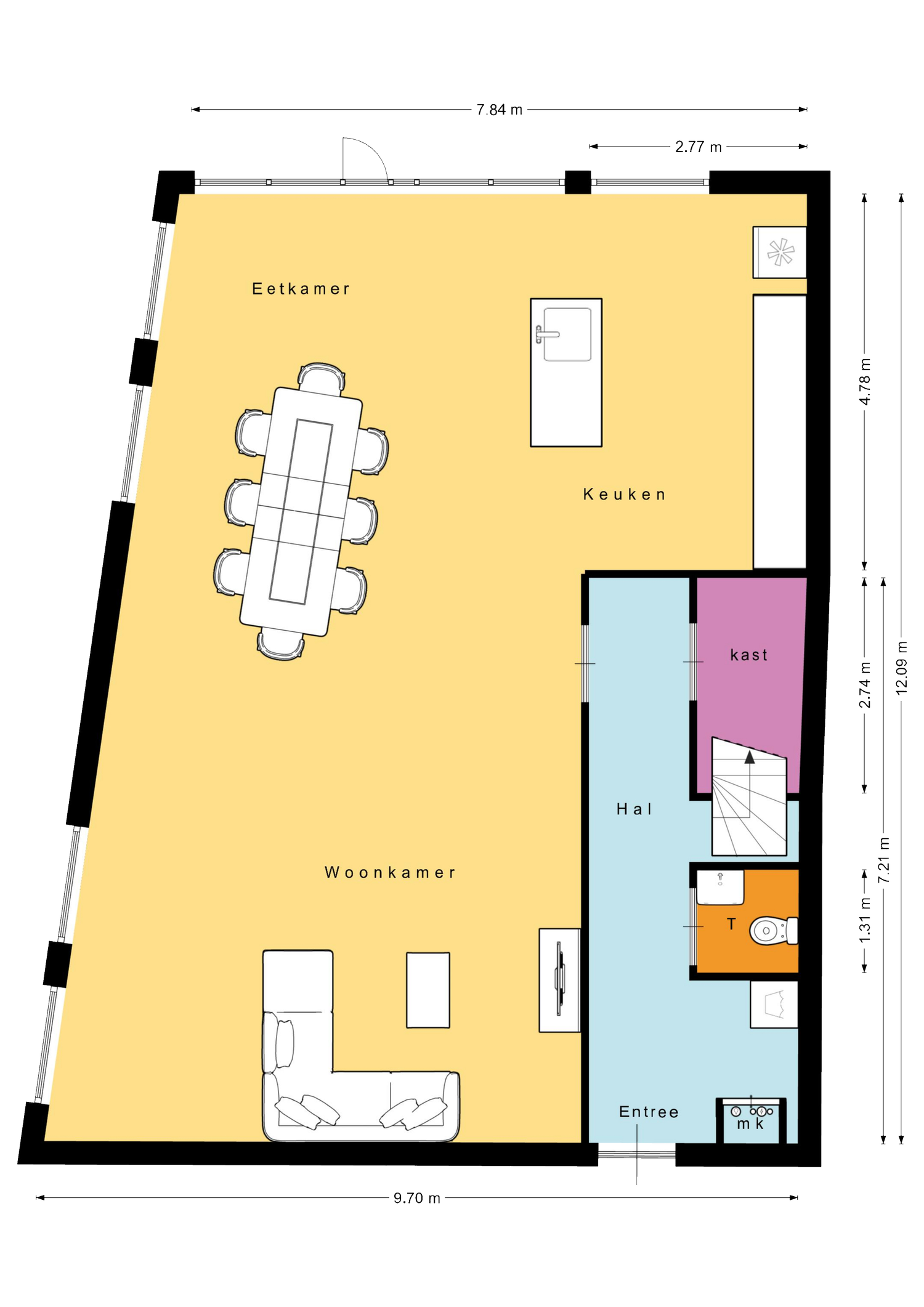 Plattegrond van een woning met eetkamer, keuken, woonkamer, hal en toilet