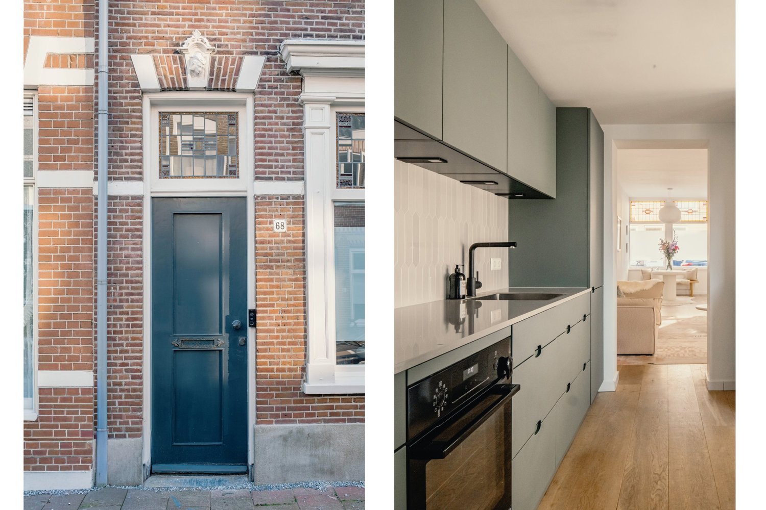 Blauwe voordeur in een rode bakstenen gevel en een moderne keuken met lichtgroene kasten.