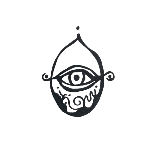 A black and white drawing of a teardrop-shaped pendant with an eye and intricate swirling patterns.