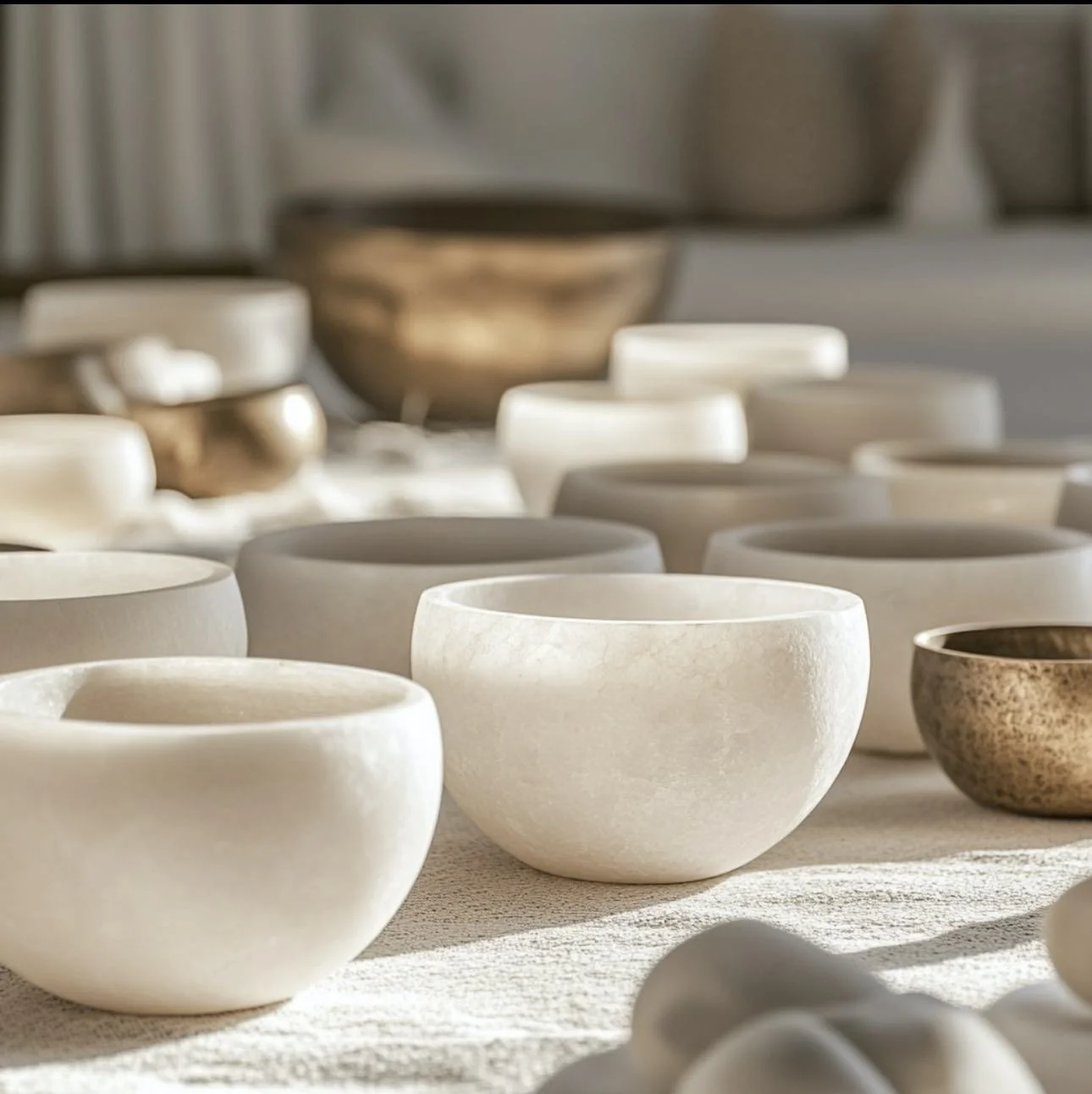 Handcrafted ceramic bowls arranged in natural light at Casa Janna arranged on a light surface with sunlight casting shadows.