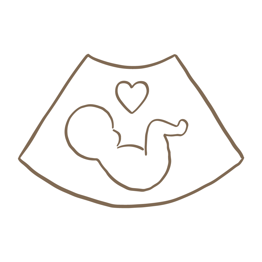 Line drawing of a fetus inside a womb with a small heart above it.