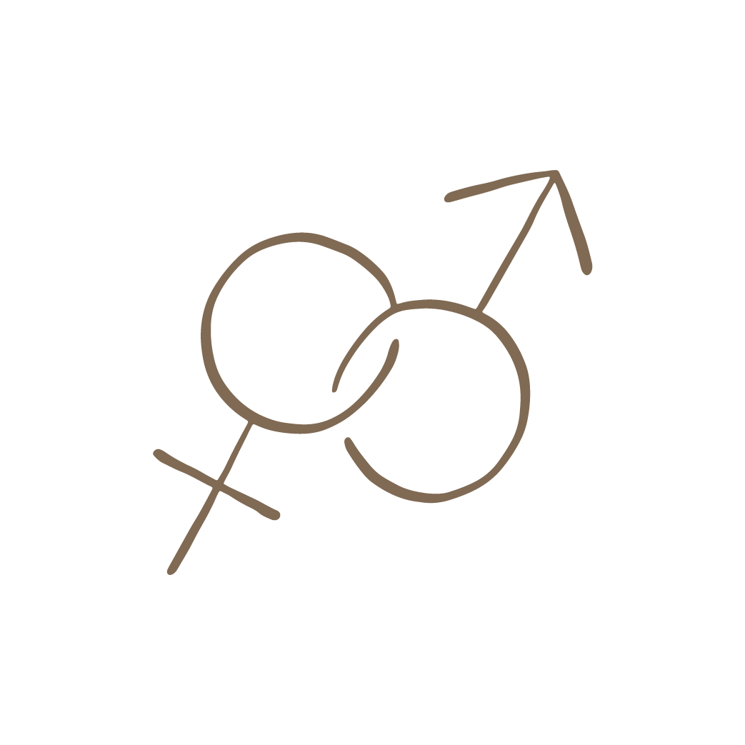 Black background with a beige outline of a male and female gender symbols intertwined.