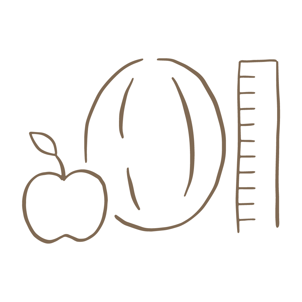 A simple line drawing of an apple, a melon, and a ruler.