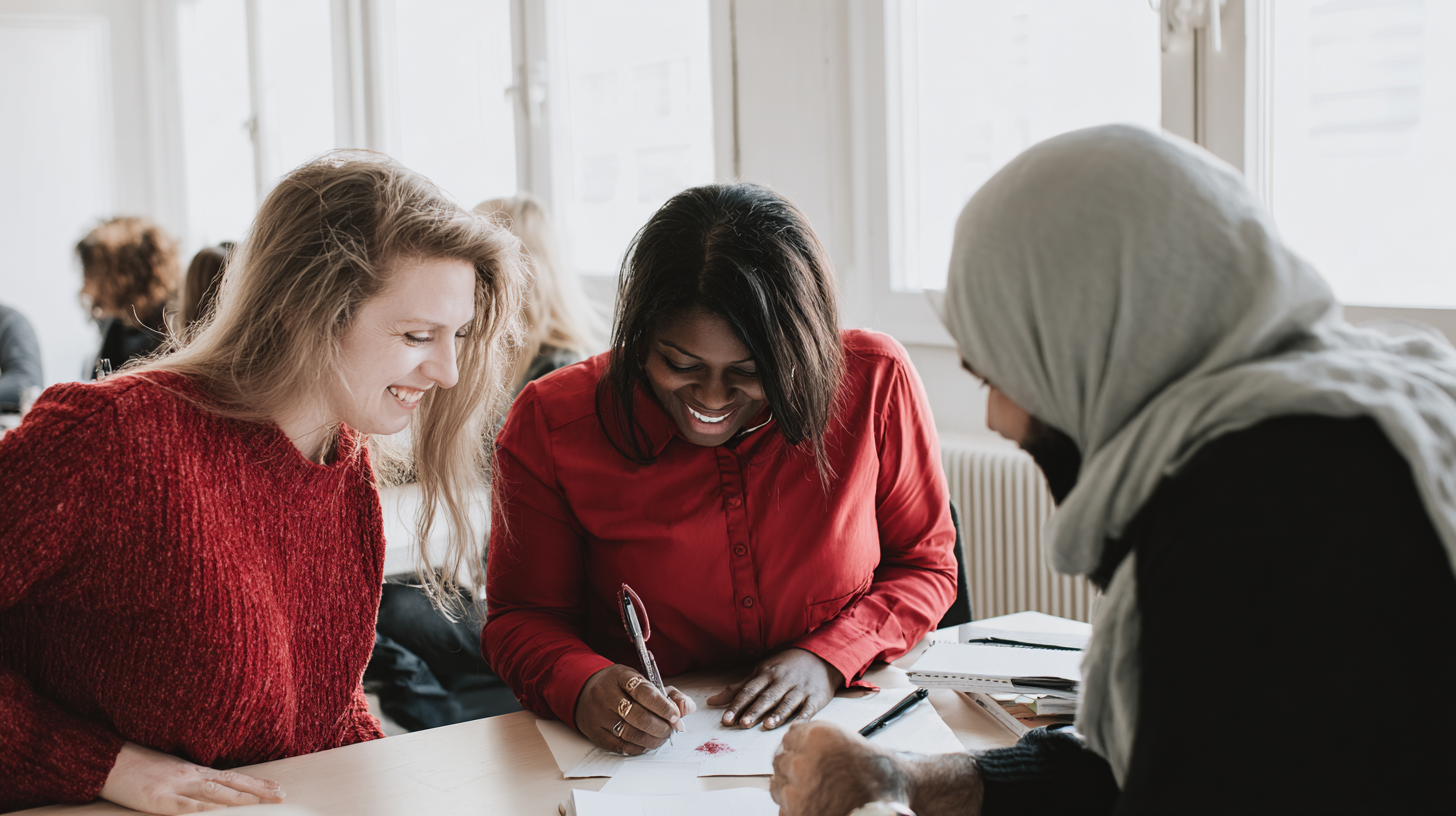 Trois femmes souriantes, assises autour d'une table, en pleine discussion dans une pièce lumineuse.
