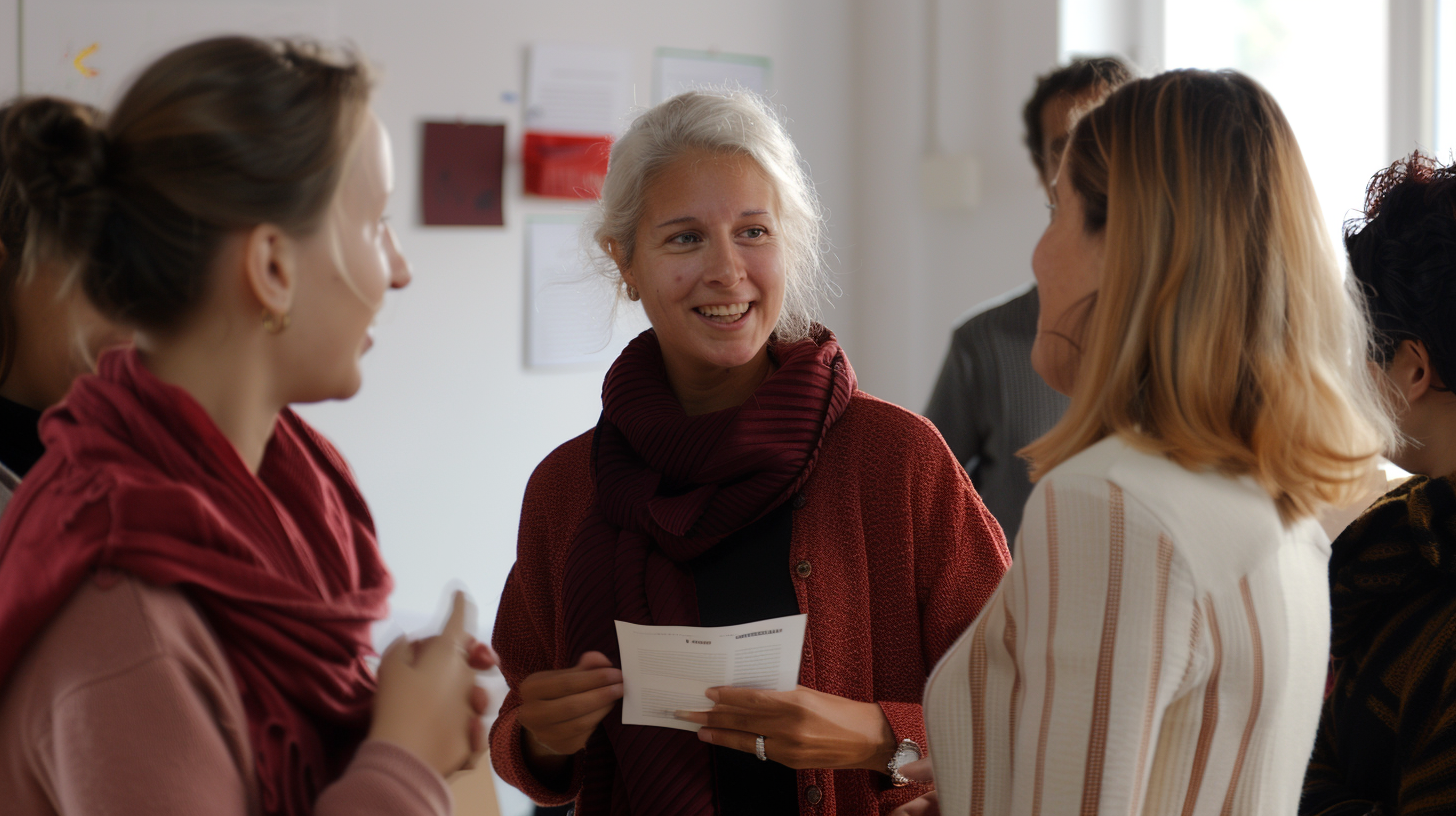 Une femme souriante discute avec un groupe de femmes dans une salle lumineuse.
