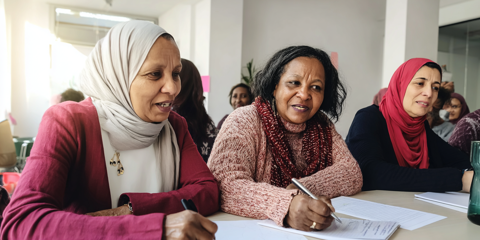 Trois femmes assises à une table lors d'une réunion, prenant des notes et écoutant attentivement.