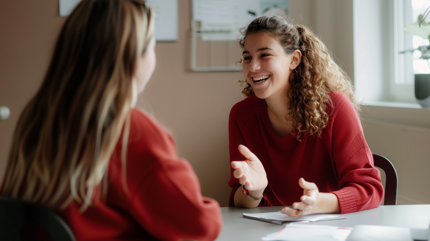 Deux jeunes femmes discutent et rient dans une salle lumineuse, assises à une table avec des documents.