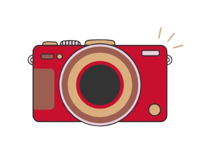 Une illustration d'un appareil photo rouge avec un objectif central et un flash à droite.
