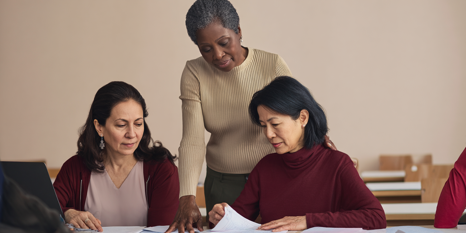 Trois femmes de différents âges et origines ethniques travaillent ensemble autour d'une table, examinant des documents.