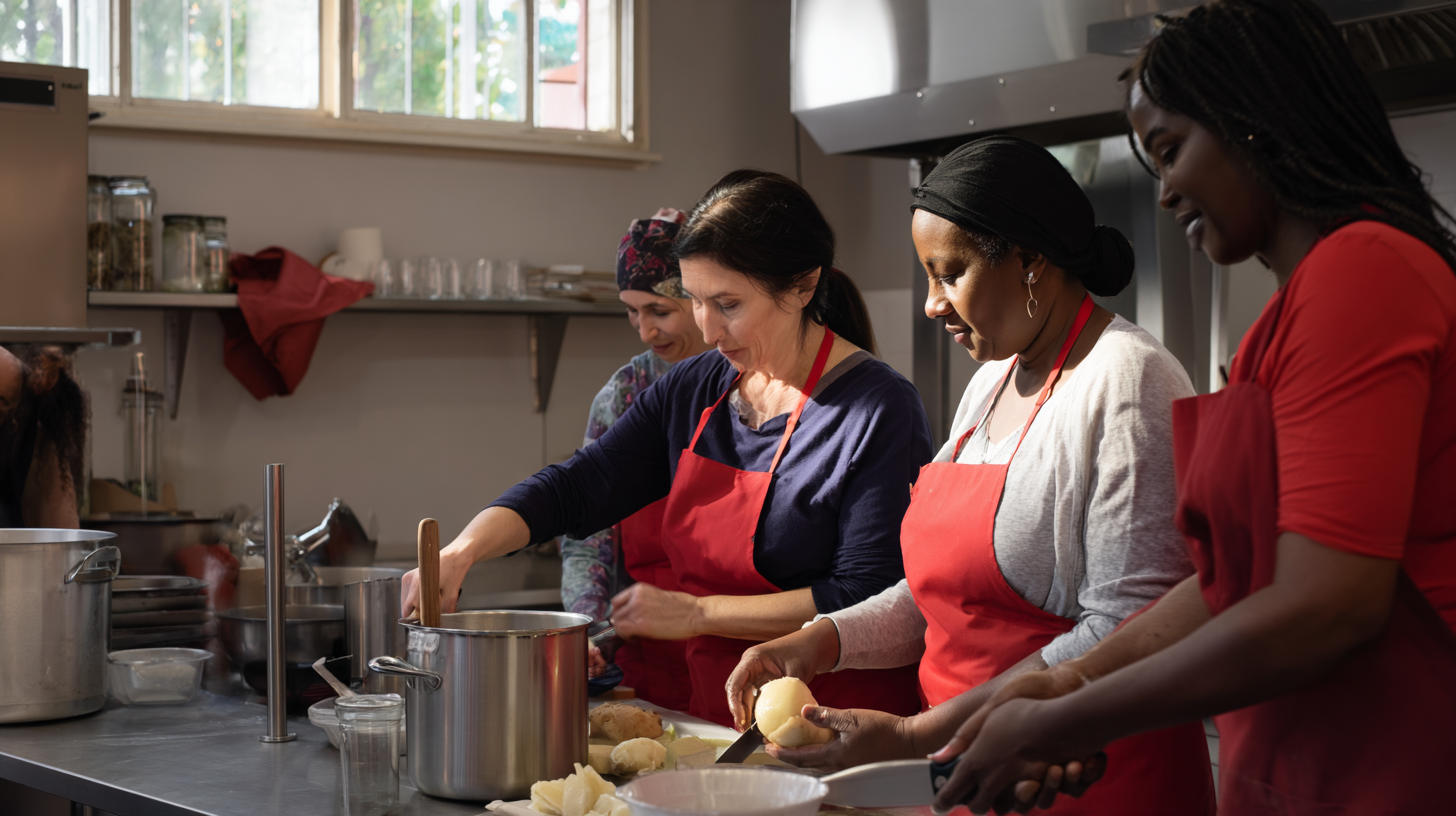 Groupe de femmes de différentes origines en train de cuisiner ensemble dans une cuisine lumineuse, portant des tabliers rouges.