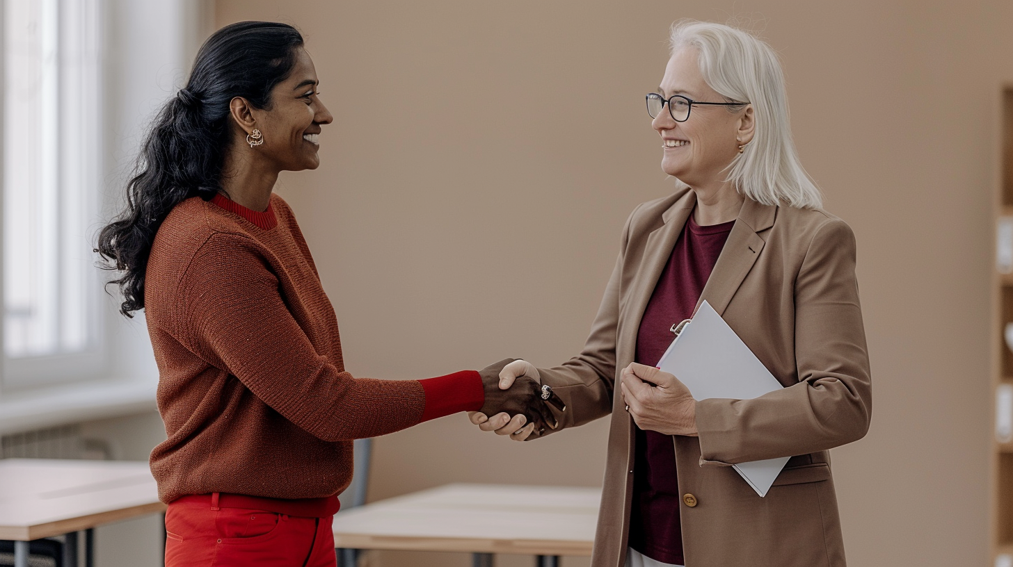 Deux femmes se serrent la main dans un bureau, souriantes et agréables.