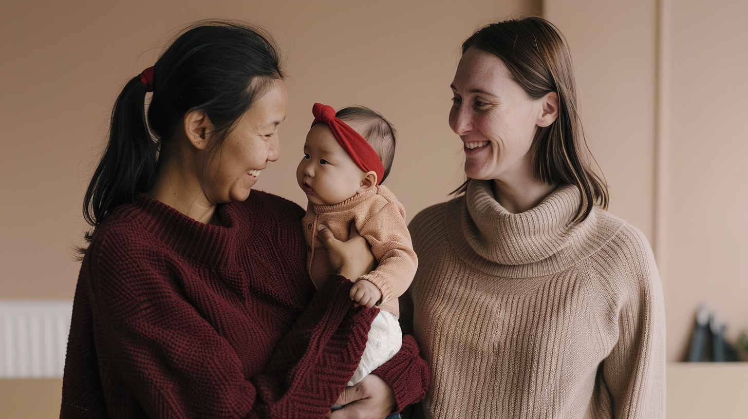 Deux femmes souriantes regardent un bébé, qui est tenu par l'une d'elles, dans une ambiance chaleureuse.