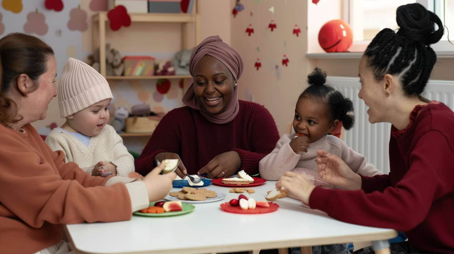 Un groupe de femmes et d'enfants riant et partageant un goûter dans une salle décorée avec des motifs floraux et des jouets.