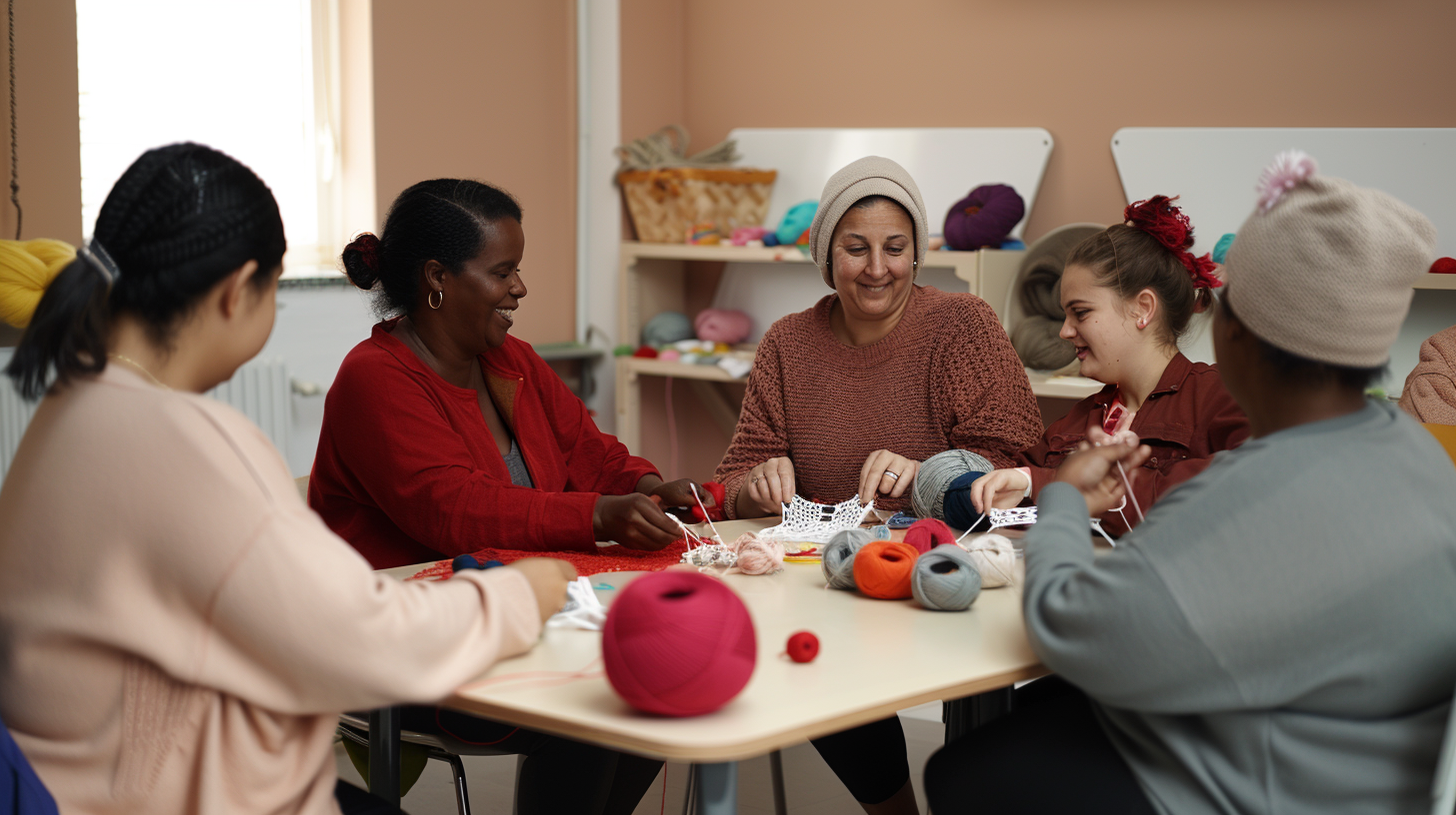 Groupe de six personnes, adultes et enfants, assis autour d'une table en train de faire du tricot avec des pelotes de laine de différentes couleurs, dans une pièce bien éclairée avec des étagères en arrière-plan.