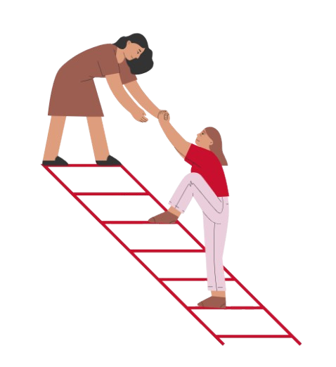 Une personne debout sur un escalier, aidant une autre personne assise en bas à monter en lui tendant la main.