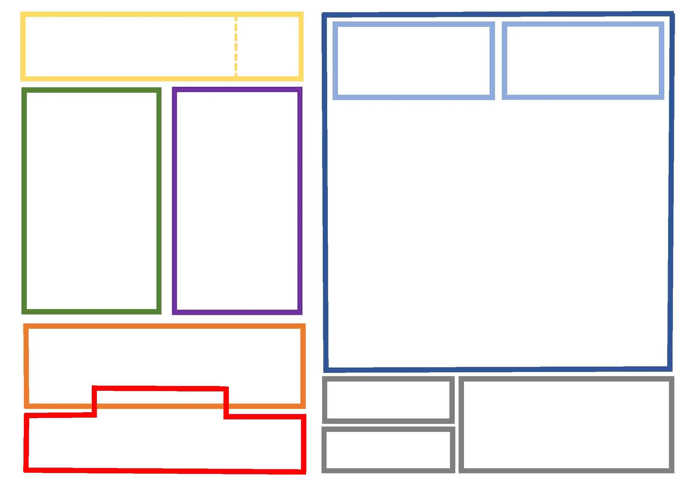 Diagramme avec plusieurs cadres de différentes couleurs, souvent utilisé pour la mise en page de projets ou de présentations.