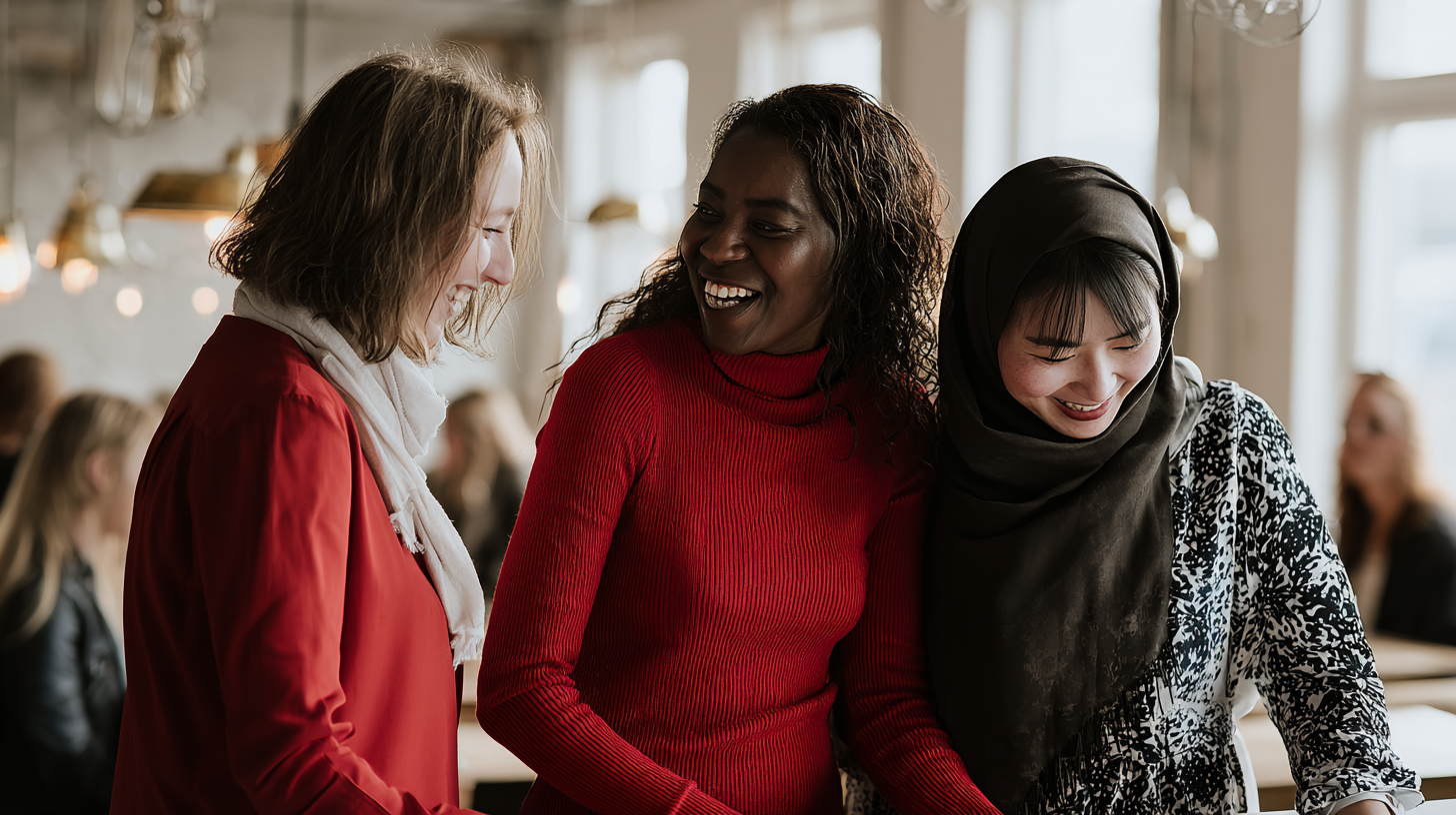 Trois femmes joyeuses se sourient dans un café.
