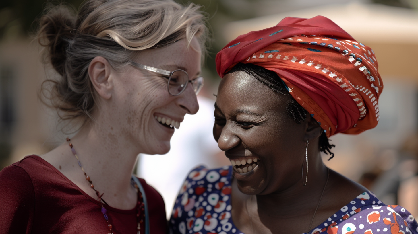 Deux femmes souriantes se regardent, l'une avec des lunettes, l'autre portant un headwrap rouge, dans un cadre en plein air.