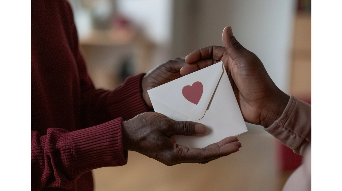 Deux personnes échangent une enveloppe blanche décorée d'un cœur rose, symbolisant un geste affectueux ou un message d'amour.