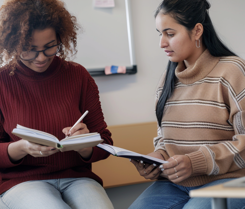 Deux jeunes femmes assises discutant et prenant des notes dans un environnement intérieur, probablement une salle de classe ou un bureau.