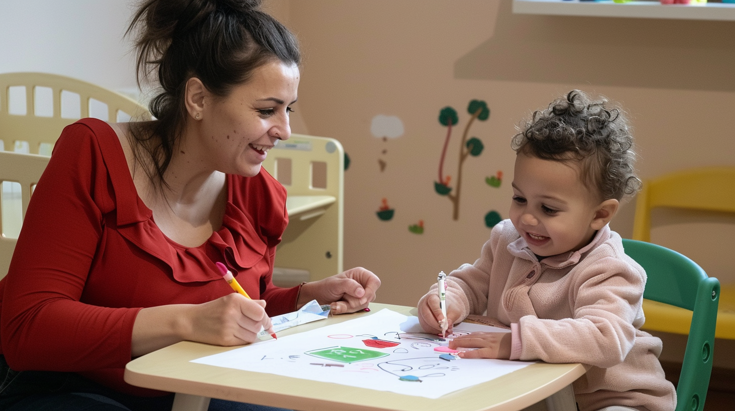 Une femme et un jeune enfant colorient ensemble à une table dans une pièce colorée, probablement une crèche ou une école maternelle.