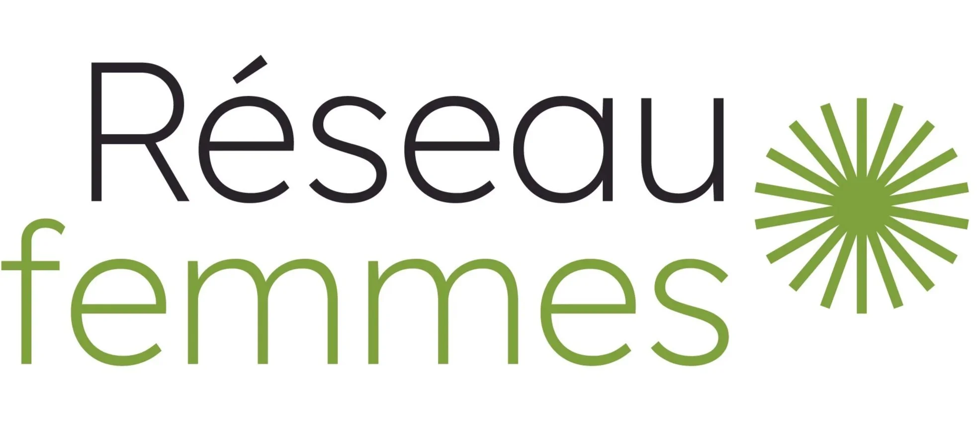 Logo du Réseau Femmès avec le texte en noir et vert, accompagnée d'un motif en forme d'explosion ou de rayon vert à droite.