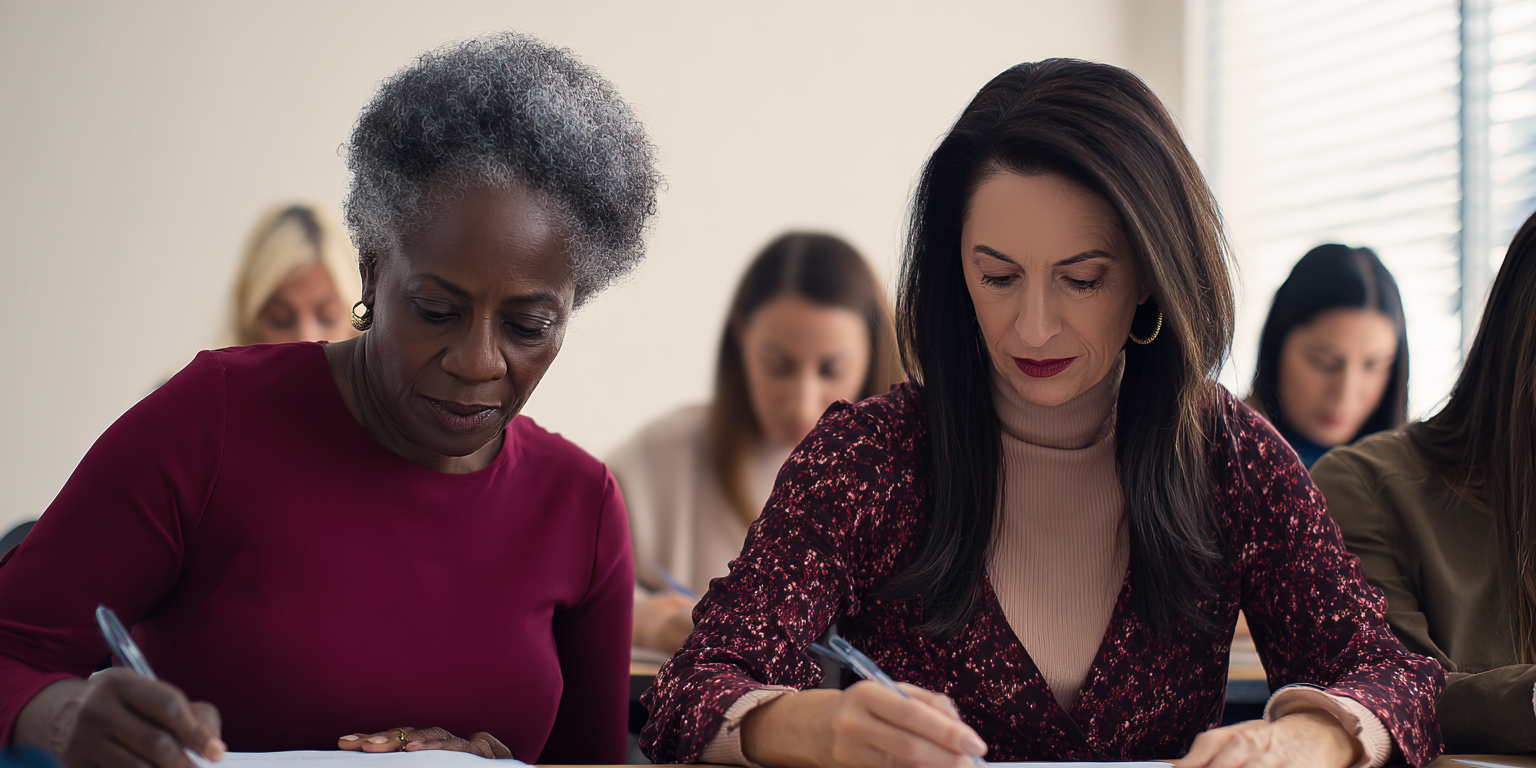 Groupe de femmes assises en classe ou lors d'une réunion, concentrées à prendre des notes, dans une pièce bien éclairée avec des fenêtres en arrière-plan.