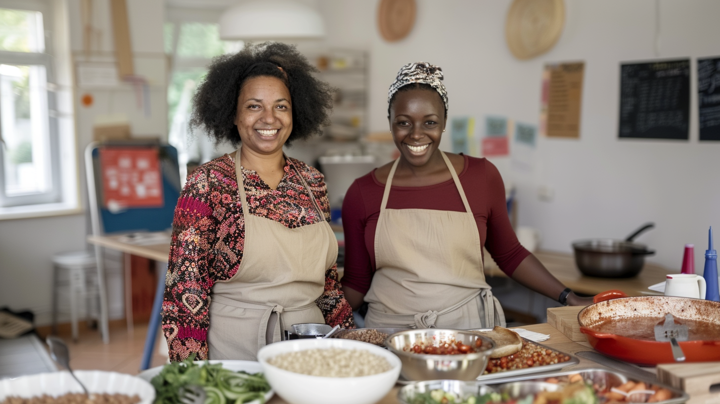 Deux femmes souriantes portant des tabliers devant une table de cuisine avec divers ingrédients pour préparer un repas dans une cuisine lumineuse.
