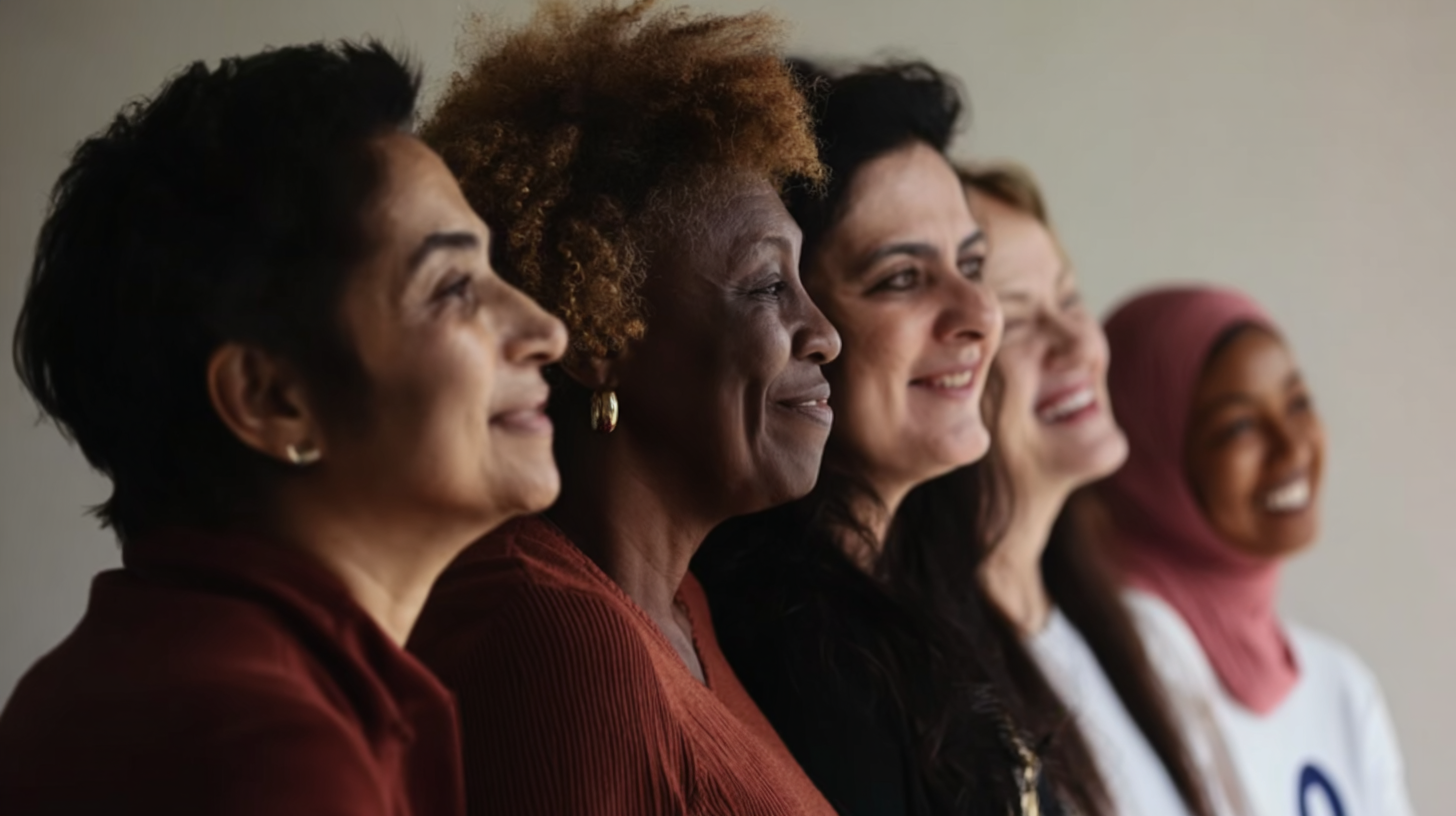 Groupe de femmes de divers origines ethniques souriantes assises côte à côte.
