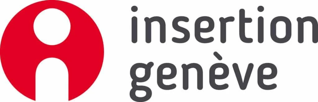 Logo avec un cercle rouge et une lettre 'i' blanche, accompagnée du texte 'insertion genève' en noir.
