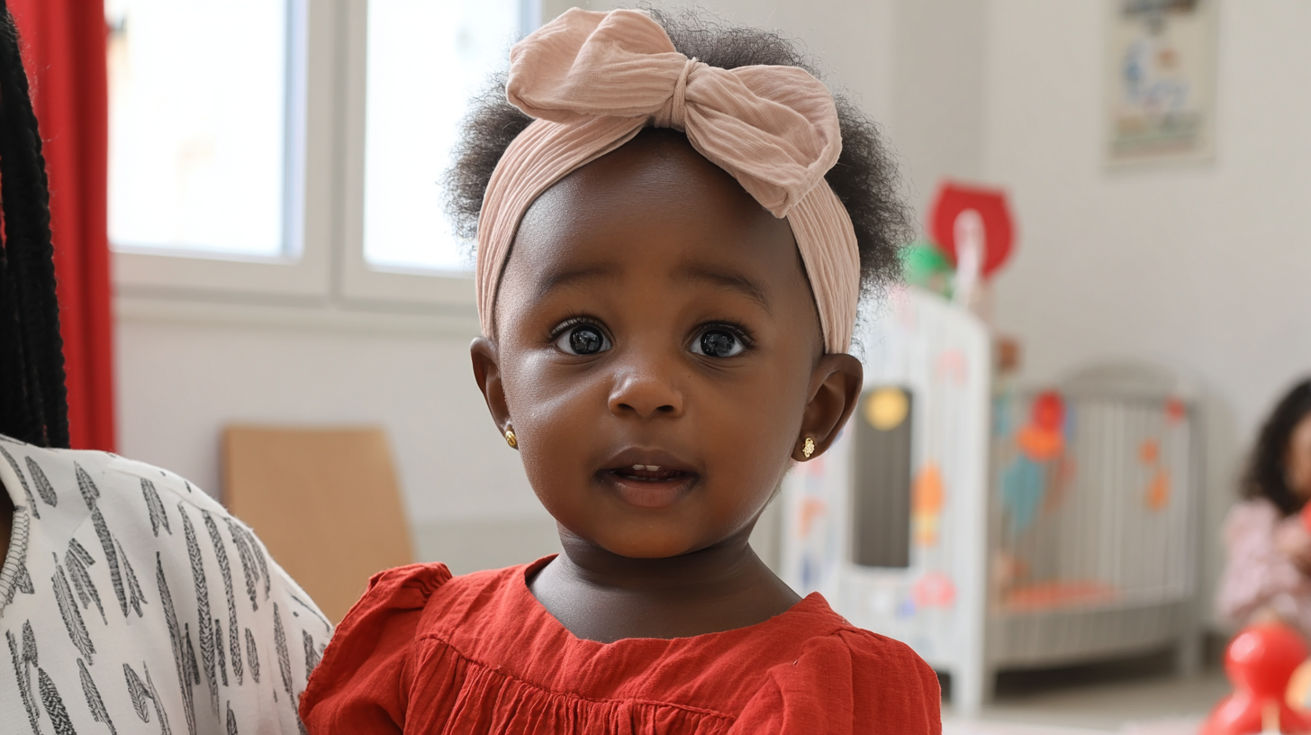 Petite fille africaine portant un bandeau rose, vêtue d'une robe rouge, dans une pièce avec deux autres enfants en arrière-plan.