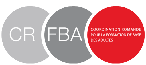 Logo avec trois cercles gris et rouge, texte en français, mentionnant la "Coordination Romande pour la Formation de Base des Adultes".
