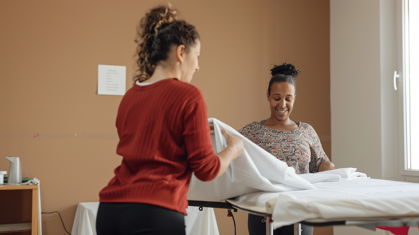 Deux femmes, l'une en fauteuil roulant, sourient et participent à une activité de préparation d'un lit dans une pièce bien éclairée.
