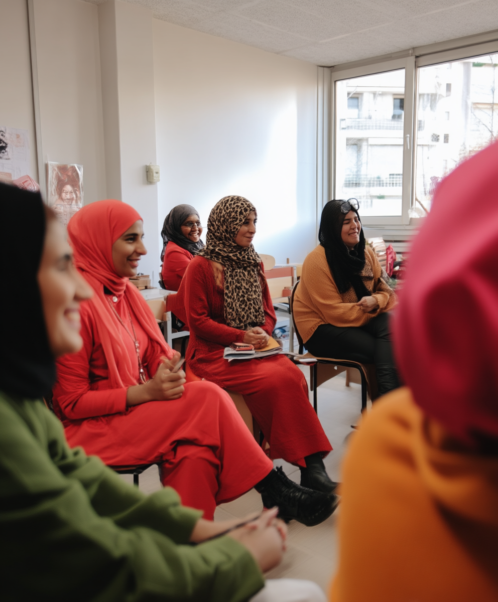 Groupe de femmes souriantes assises en cercle dans une salle lumineuse, certaines portant des foulards et des vêtements colorés, lors d'une réunion ou d'un atelier.